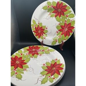 Vintage Pier 1 Poinsetta Dinner Plates 11" Christmas Decor Set Of Three